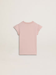 Girls' pink T-shirt with ruffled sleeves and embroidery