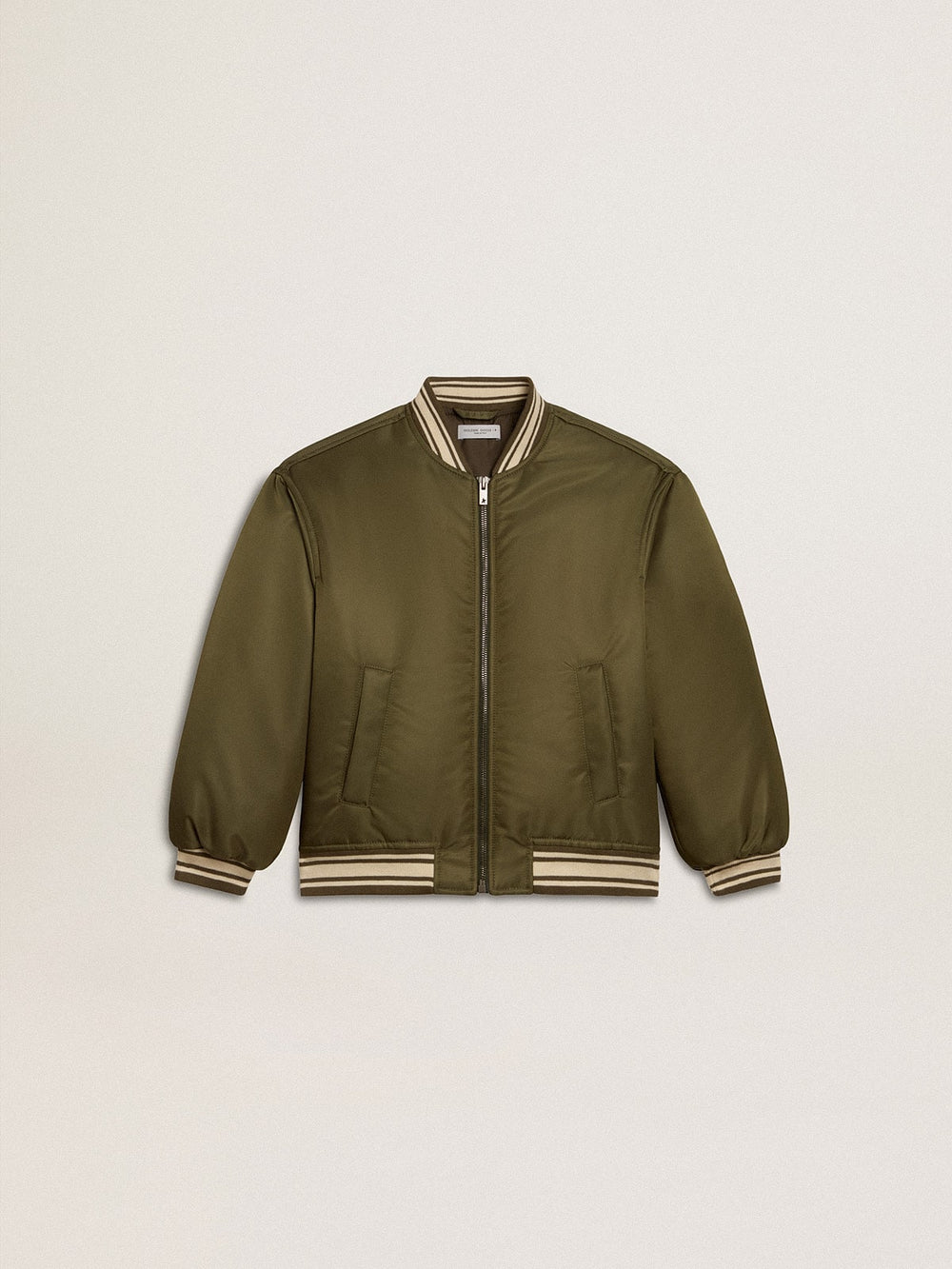 Kids military-green nylon bomber jacket with lettering on the back