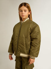 Kids military-green nylon bomber jacket with lettering on the back