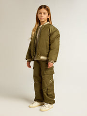 Kids military-green nylon bomber jacket with lettering on the back