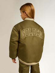 Kids military-green nylon bomber jacket with lettering on the back