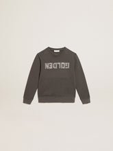 Distressed gray sweatshirt with crystal lettering