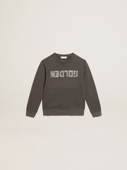 Distressed gray sweatshirt with crystal lettering