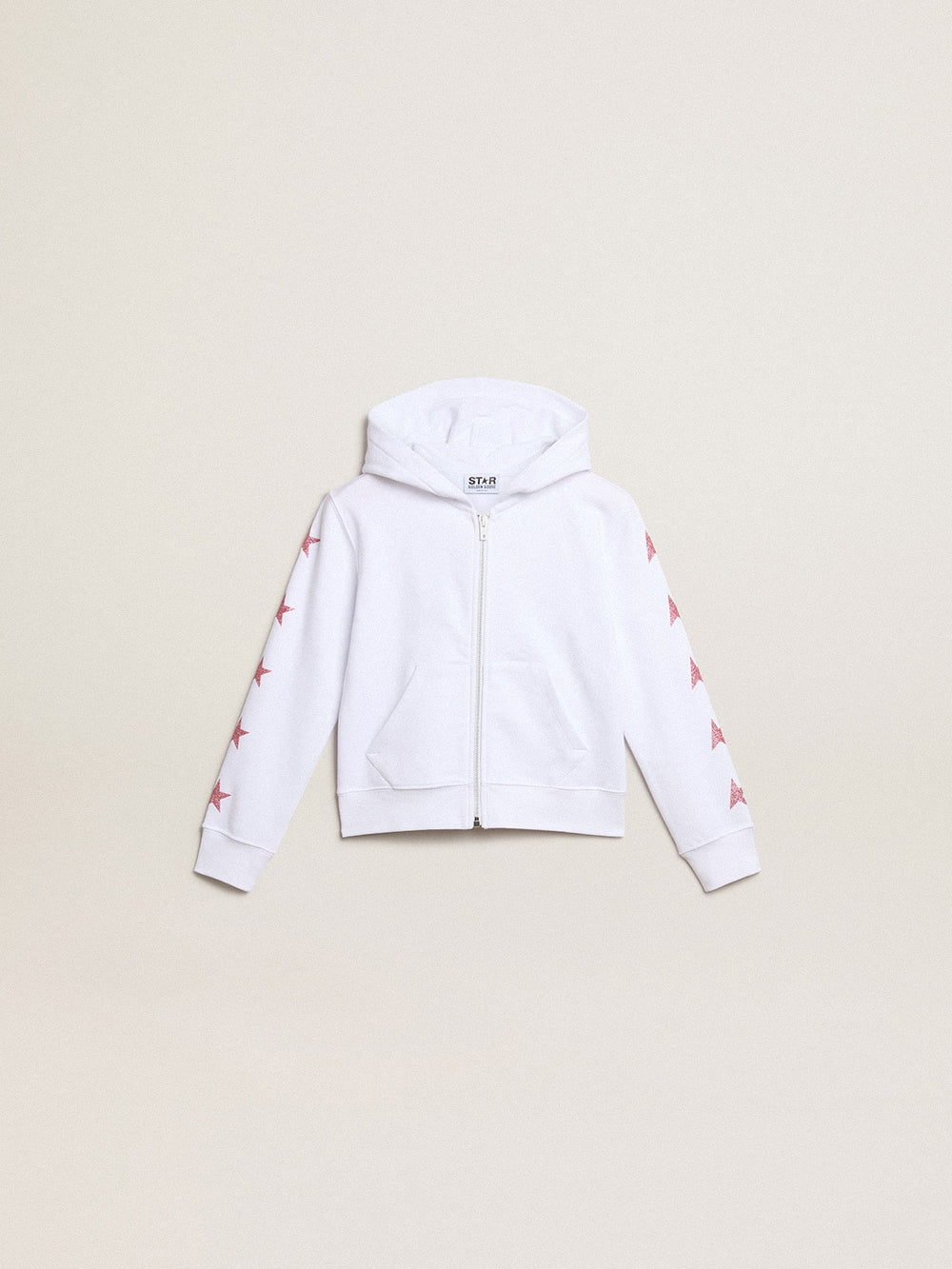 Girls’ zip-up sweatshirt in white with glitter stars on the sleeves