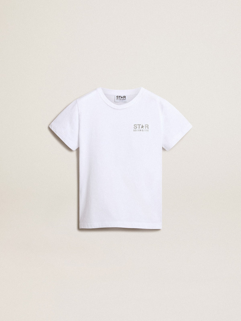 Girls’ white T-shirt with contrasting silver logo and star