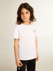 Girls’ white T-shirt with contrasting silver logo and star