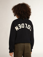 Round-neck sweater in dark blue cotton