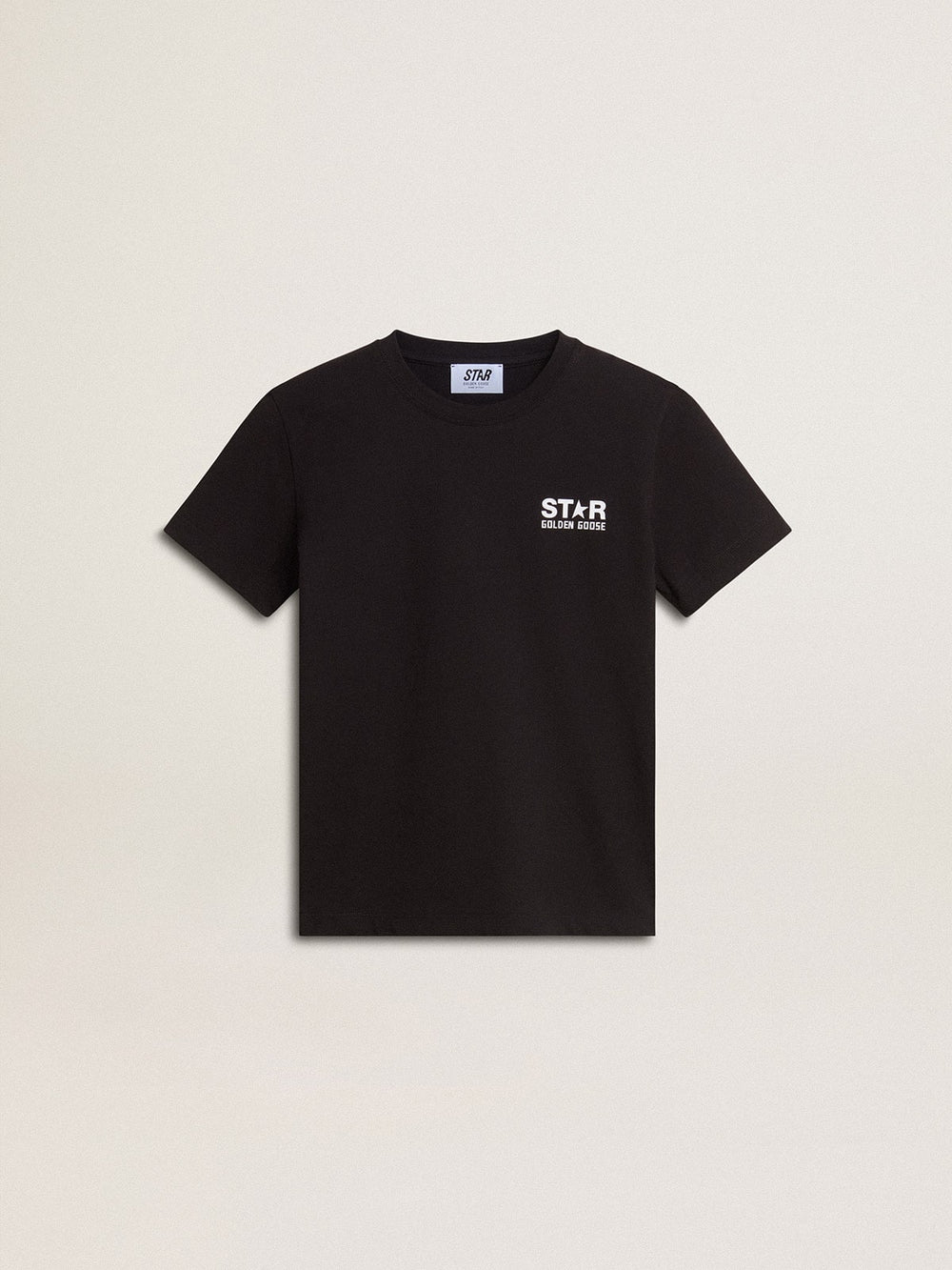 Black T-shirt with contrasting white logo on the front and maxi star on the back