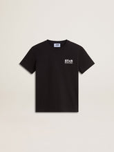 Black T-shirt with contrasting white logo on the front and maxi star on the back