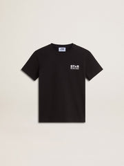 Black T-shirt with contrasting white logo on the front and maxi star on the back