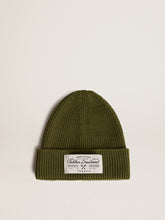 Military-green cotton beanie with appliqué label on the front