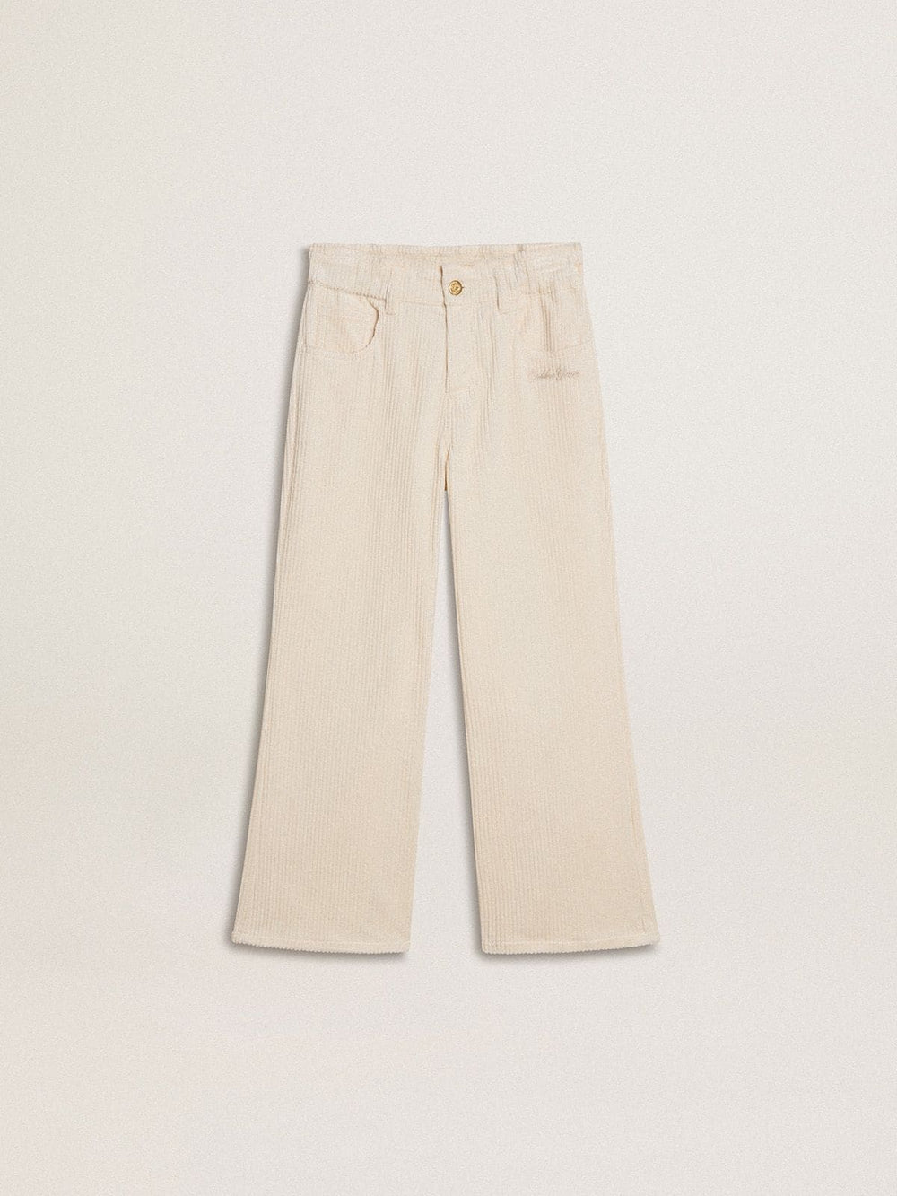 Girls’ wide ribbed cream-colored trousers with embroidery