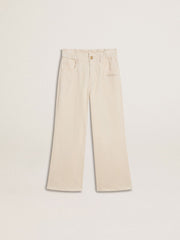 Girls’ wide ribbed cream-colored trousers with embroidery