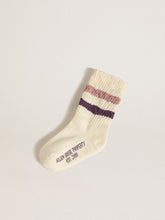 Kids’ white socks with pink and purple stripes