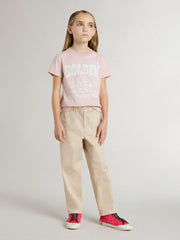 Girls' beige cotton pants with embroidery