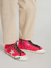 Junior Francy in sequins with ice-gray suede star and animal-print laces