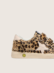 Junior Ball Star in leopard-print pony skin with pink leather star and heel tab