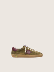 Junior Super-Star in military-green suede with burgundy leather star and heel tab