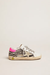 Junior Super-Star in leather and zebra-print pony skin with fuchsia heel tab