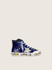Young Francy Penstar in blue sequins with white suede star