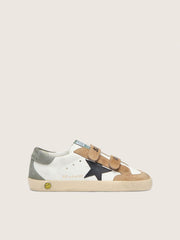 Young Old School with black leather star and beige and green suede inserts