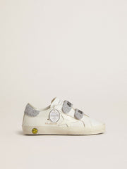 Young Old School in white leather with silver Swarovski crystal heel tab and straps