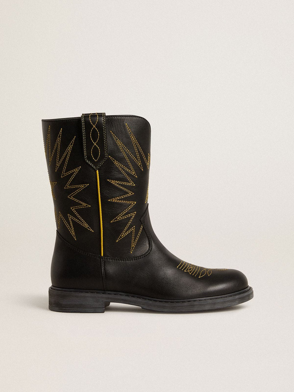 Wish Teen boots in black leather with yellow star embroidery