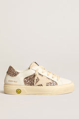 May Teen in white leather and rose gold glitter with beige suede star