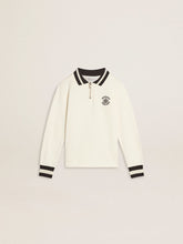 Kids white cotton polo sweatshirt with embroidery on the chest and print on the back