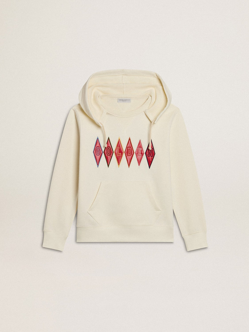 Hooded sweatshirt in worn white with Golden embroidery on the front