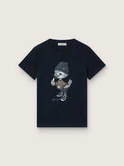 Journey T-shirt for boys in blue cotton jersey with digital mascot print