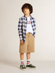Boys' blue and white checked shirt with print on the back