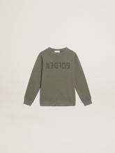 Distressed olive-green sweatshirt with Golden lettering on the front