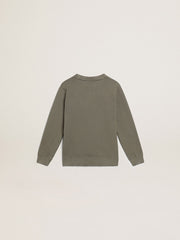 Distressed olive-green sweatshirt with Golden lettering on the front