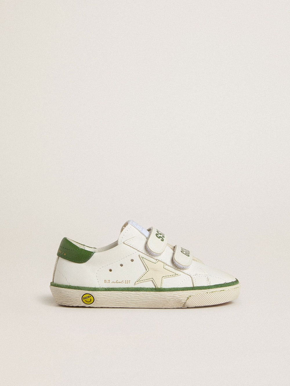 Young Old School in white leather with green nappa heel tab and green insert