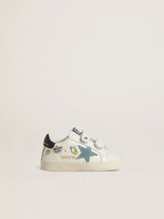Baby School in white nappa with light blue suede star and tennis motif