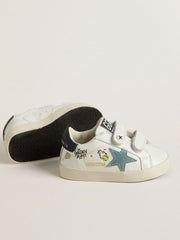 Baby School in white nappa with light blue suede star and tennis motif