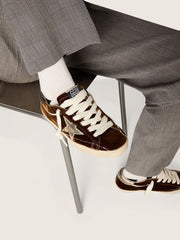 Women's Super-Star in cognac velvet with metallic leather star and heel tab