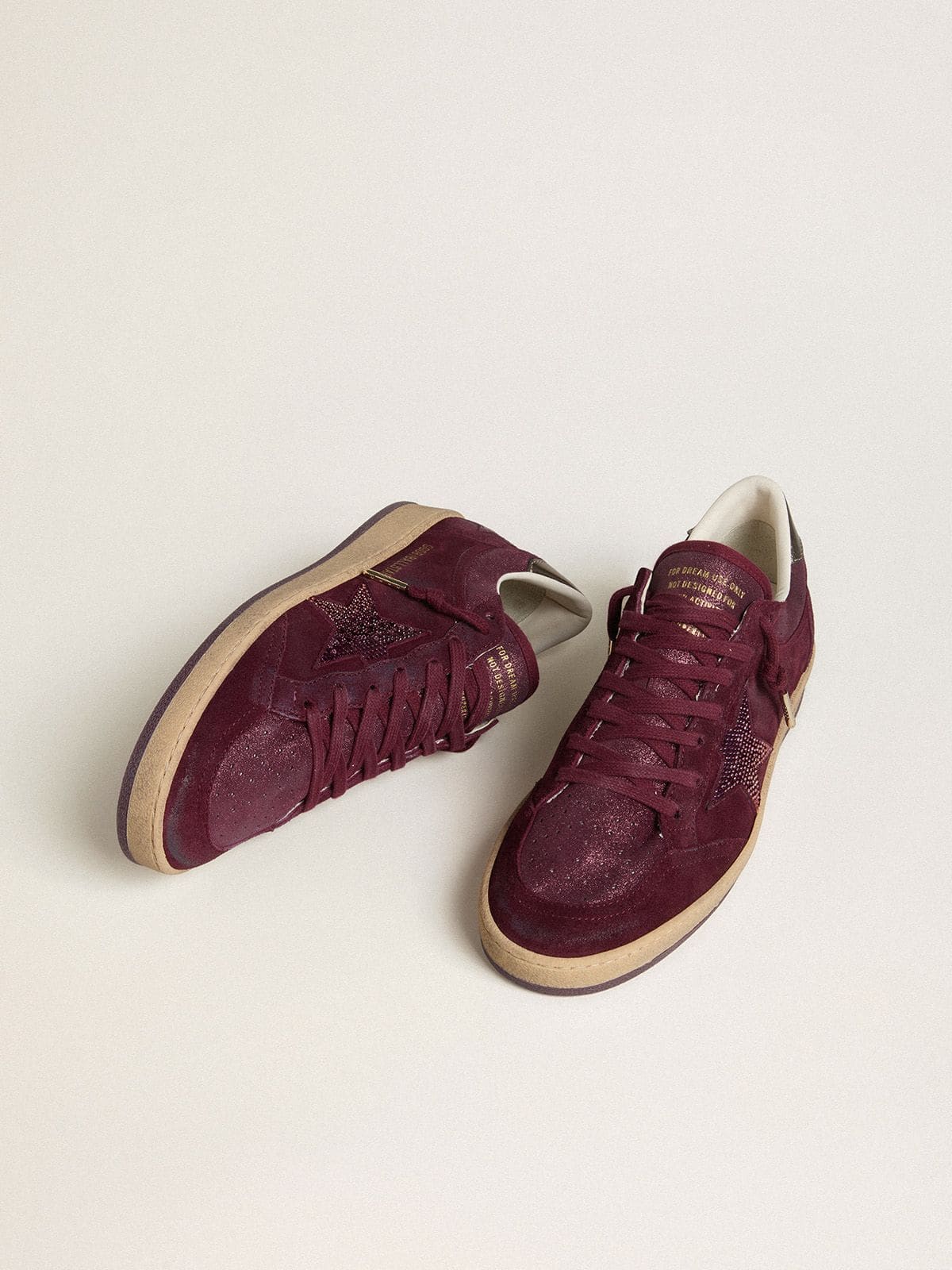 Women's Ball Star in burgundy suede with crystal star and metallic leather heel tab