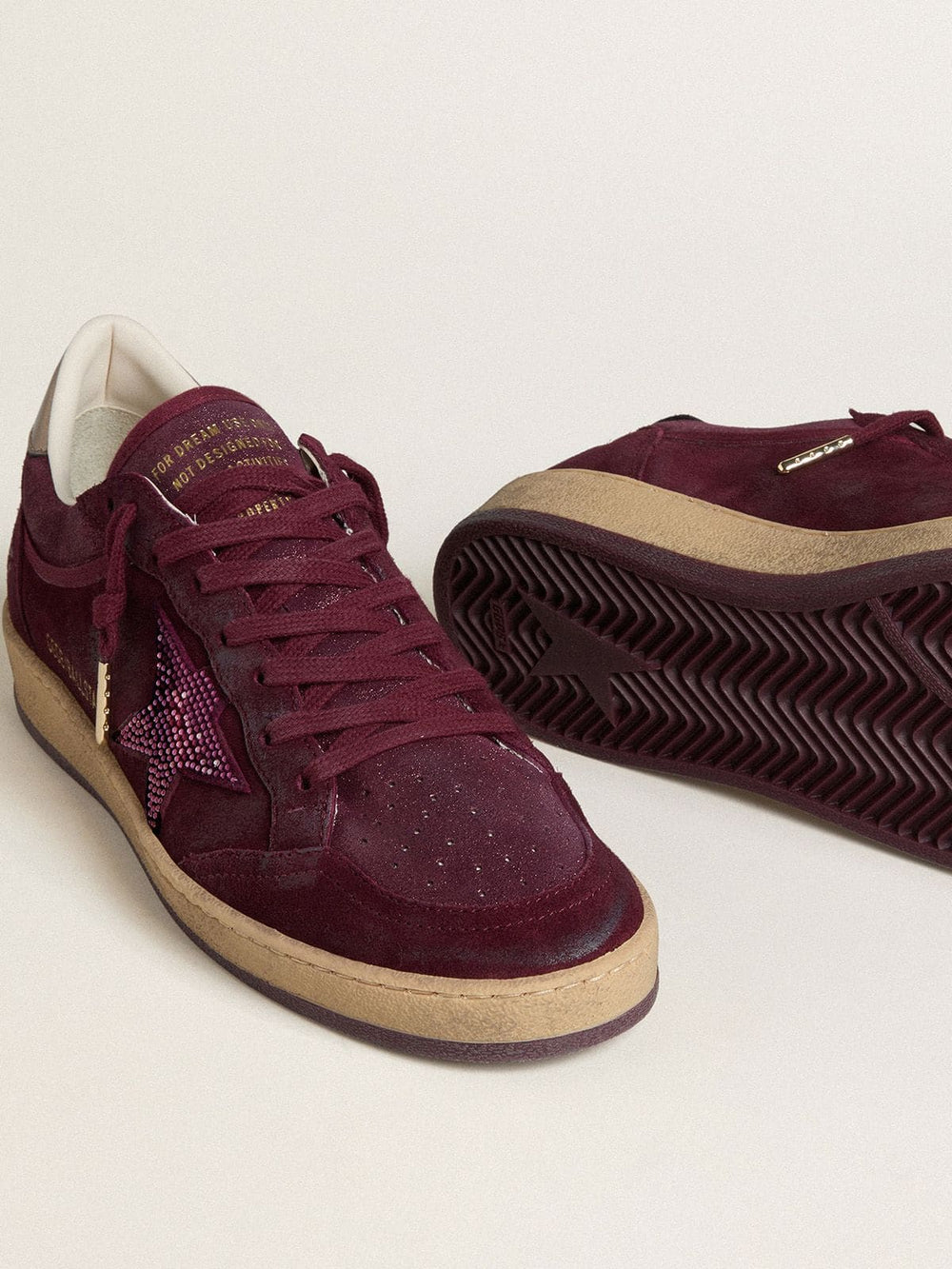 Women's Ball Star in burgundy suede with crystal star and metallic leather heel tab
