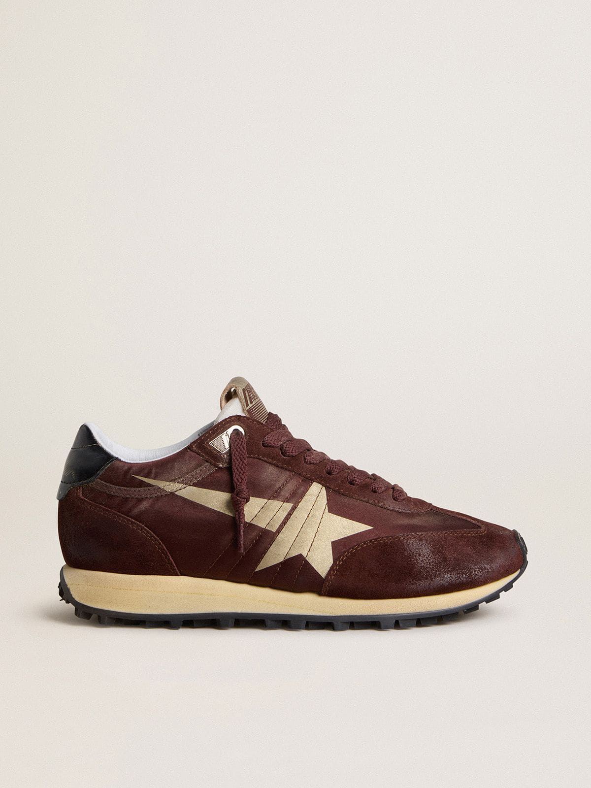 Women's Marathon with burgundy satin upper and platinum leather star