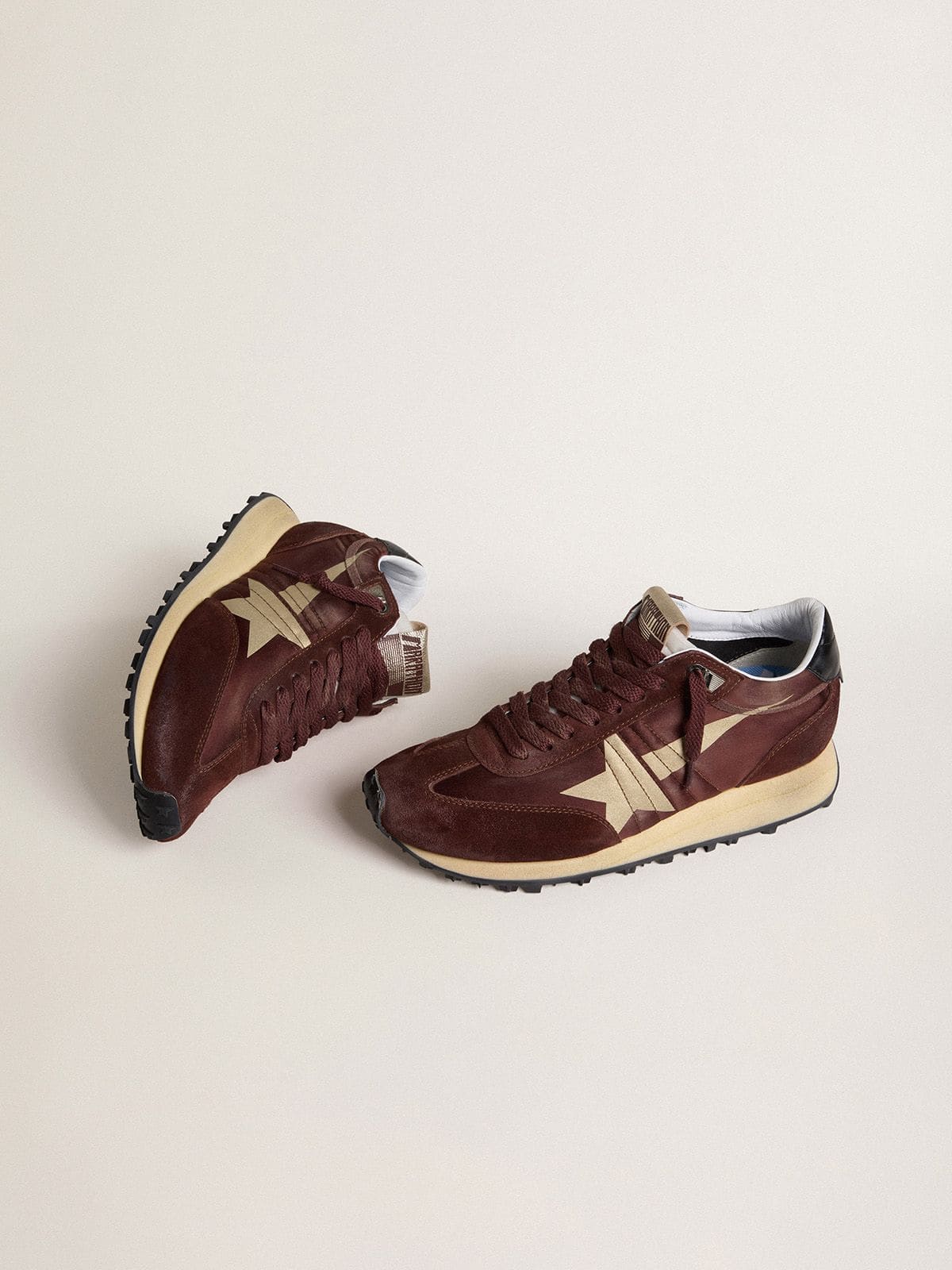 Women's Marathon with burgundy satin upper and platinum leather star