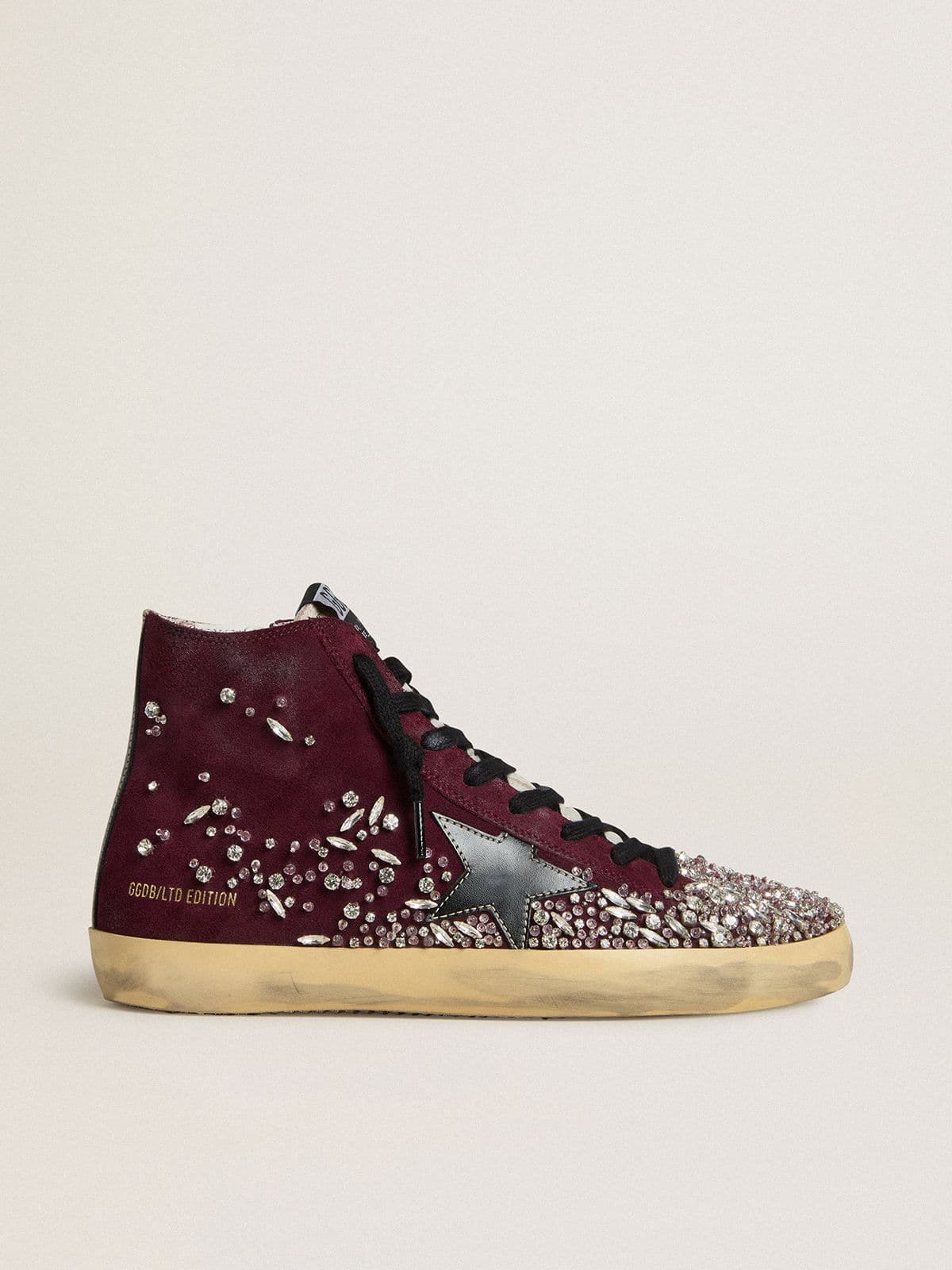Women's Francy LAB in burgundy suede with glossy black leather star and rhinestones