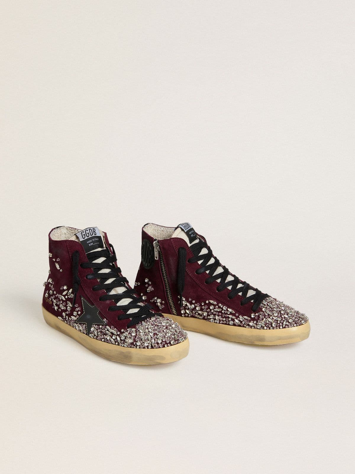 Women's Francy LAB in burgundy suede with glossy black leather star and rhinestones
