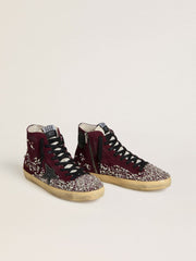 Women's Francy LAB in burgundy suede with glossy black leather star and rhinestones
