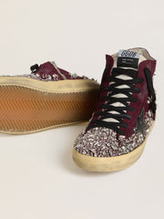 Women's Francy LAB in burgundy suede with glossy black leather star and rhinestones