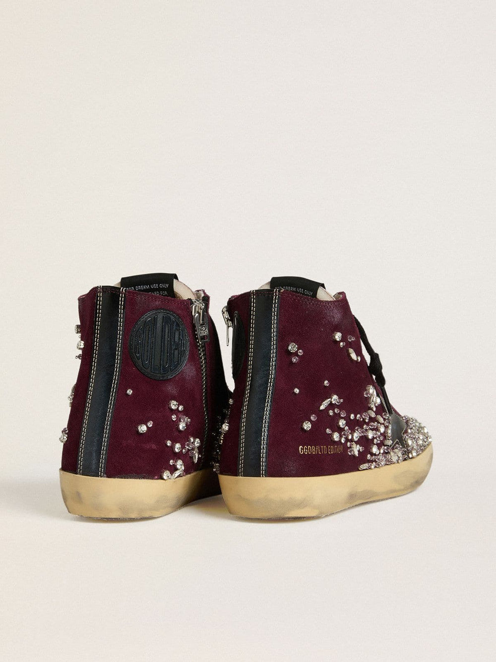 Women's Francy LAB in burgundy suede with glossy black leather star and rhinestones