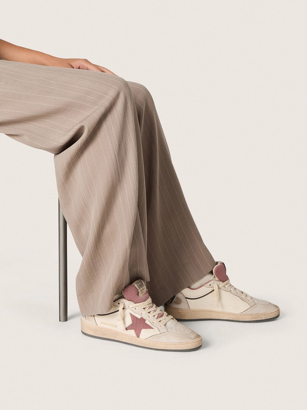 Women's Ball Star LTD in beige leather with pink mesh star and blue leather heel tab