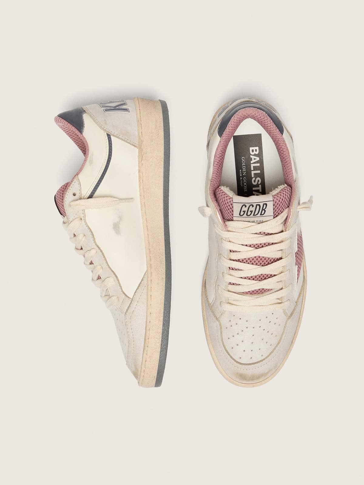 Women's Ball Star LTD in beige leather with pink mesh star and blue leather heel tab