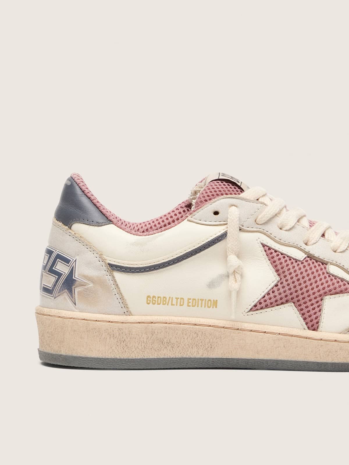 Women's Ball Star LTD in beige leather with pink mesh star and blue leather heel tab